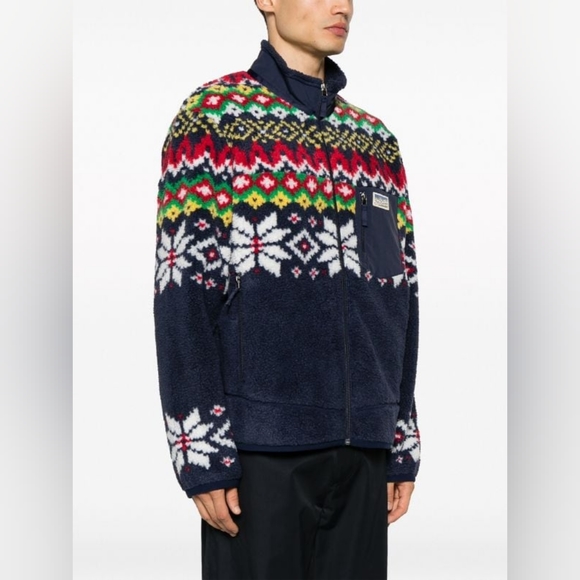 Polo Ralph Lauren Fair Isle Motif Bonded Fleece Jacket in Cruise Navy Snowflake - Picture 3 of 9
